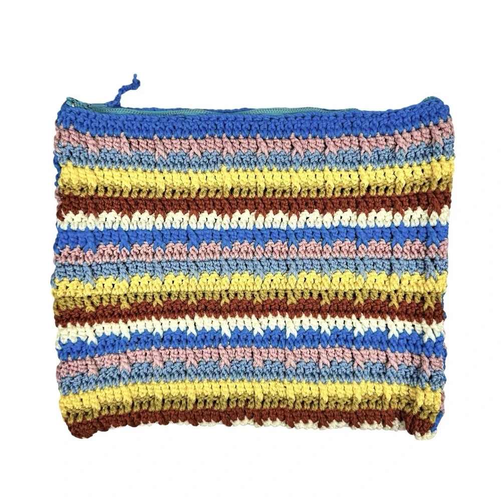 Vintage 70s Stripe Crochet Clutch Purse Makeup Bag Handmade‎ Multicolor Retro